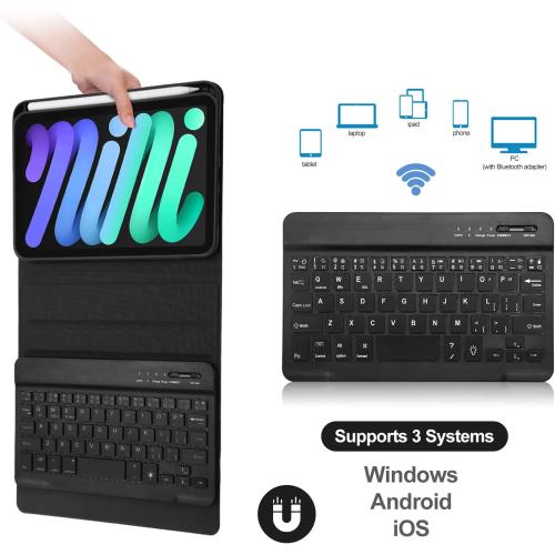 BORIYUAN iPad mini 7th Gen 2024 (A17 Pro) & iPad mini 6 Keyboard Case 2021, Detachable Wireless Keyboard, 7 Color Backlit, Slim Folio Cover with Pencil Holder for iPad mini 7th/6th Gen 8.3 inch Black