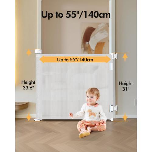 Retractable Baby Gate for Stairs & Doorways, 55 Wide x 33.6 Tall Easy Installation Mesh Dog Gate for Indoor & Outdoor Use,Pet and Dog Safety Gate for Hallways(White)
