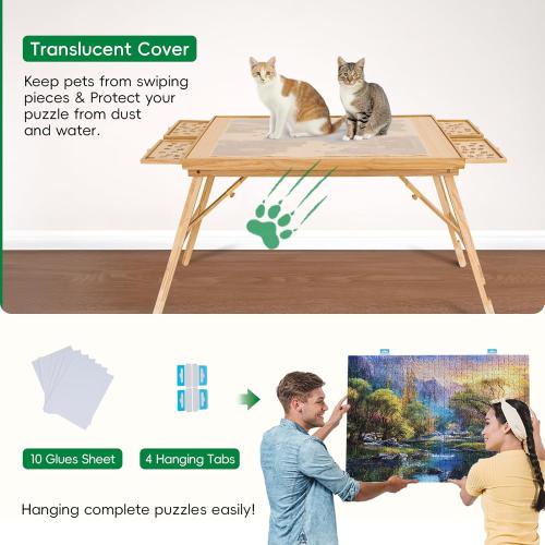 TEAKMAMA 27.6 H Tall 2000 Piece Puzzle Table with Legs, 41 W x 28.5 D Large Wood Folding Jigsaw Puzzle Board with Cover for Adults, 4 Drawers, Nature