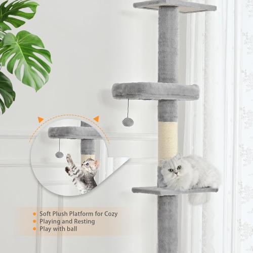 Floor to Ceiling Cat Tree,5 Tiers Tall Cat Tower with Adjustable Height(98-110),Cat Tree Floor to Ceiling with Cozy Hammock,Sisal Scratching Posts,Platforms,and Hanging Balls for Large Cats