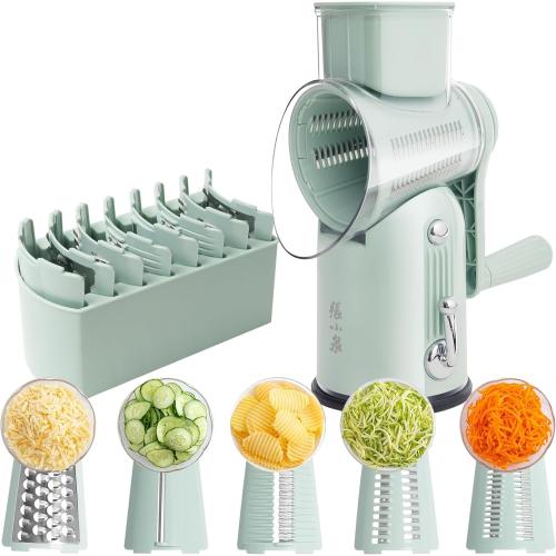 Rotary Cheese Grater Hand Crank with 5-in-1 Interchangeable Blades & Strong Suction Base Vegetables Shredder Manual Slicer for Kitchen, Green