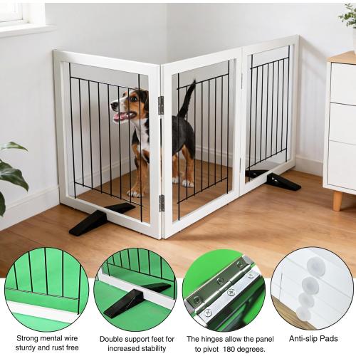 ZJSF Freestanding Dog Gate Indoor, Foldable Dog Fence for Doorways,Hallways or Stairs, Sturdy Wood Extra Wide Pet Gate with Support Feet,White,32 Height-3 Panels