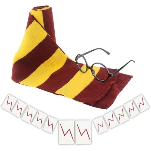 HLenyoy Novelty Scarf Wizard Glasses with Round Frame No Lenses 12 PCs Lightning Bolt Tattoos for Kids Christmas Birthday Party Cosplay Costume Accessories