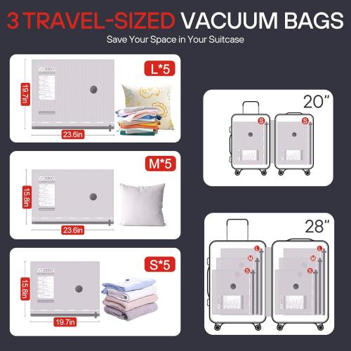 VMstr Vacuum Seal Bags for Clothing Travel, Carry-on Size for Luggage Compression Packing, Space Bags with High Pressure Electric Pump (DC Power) 15-Pack Combo Size Travel Set