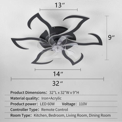 Black Flower Modern Ceiling Fans with Lights, Low Profile Ceiling Fan with Remote for Bedroom, 32inch Flush Mount Ceiling Fan with LED Dimmable Light,6-Speeds, Timing Ceiling Fan Light