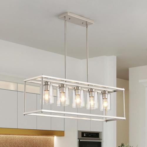 Farmhouse Chandeliers for Kitchen Island, Modern 5-Light Rectangle Chandelier, Brushed Nickel Linear Pendant Lighting Fixture with Clear Glass Shade, L35.4 Inch