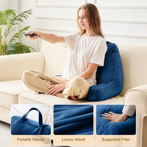 Sasttie Reading Pillow, Velvet Back Pillow for Bed Sitting Up, Adult Back-Rest Support Cushion with Arms for Sit Up on Couch, Sofa, and Floor, Dorm Essentials, Reading Accessories, Navy