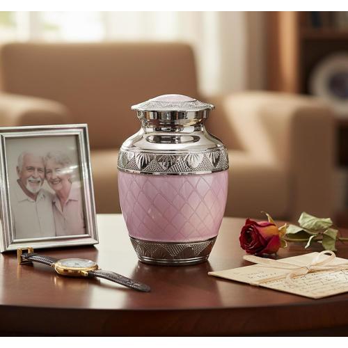 eSplanade Metal Cremation Urn Memorial Jar Pot Container | Medium Size Urn for Funeral Ashes Burial | Engraved Metal Urn | Pink - 6 Inches