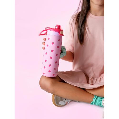 Ello Pop & Fill 18oz Stainless Steel Kids Water Bottle with Quick Fill Lid | Vacuum Insulated BPA Free Bottle with Leak Proof Straw and Chug Lid, Dishwasher Safe, Gift For Kids Teens, Strawberries