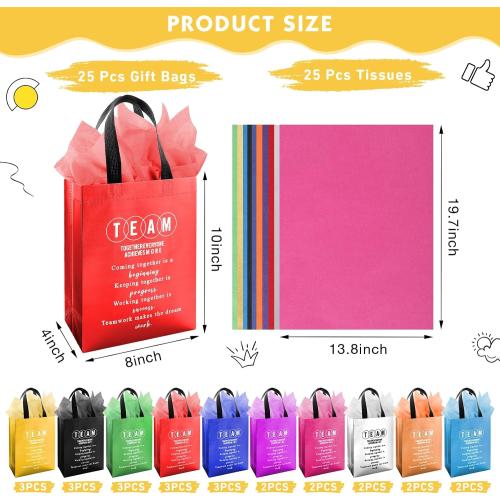 Addblu 50-Piece Employee Appreciation Gift Bags Bulk - Include 25 Team Bags (8x10x4 Inch) & 25 Tissue Paper, Reusable Gift Bag with Handles for Staff, Coworker, Teacher, Thank You & Valentine‘s Day Gifts (Colorful)