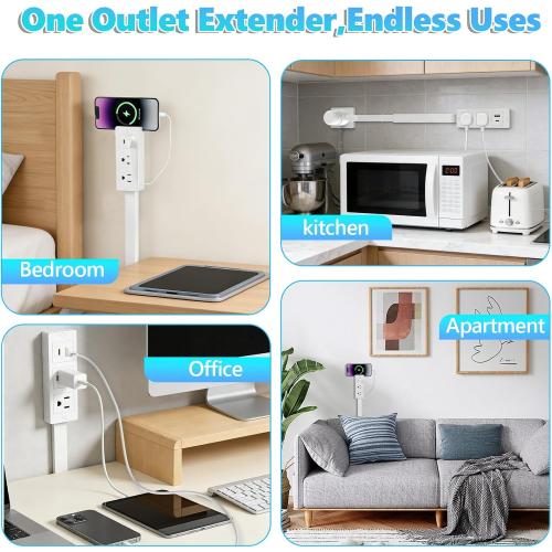 Electrical Outlet Extender - Features USB-A, USB-C and 2 AC Outlets, Free Assembly Extends 18-28, Rotates 180°, Plug Extension Outlet Use Behind Sofas, Nightstands, Desks, Office (White)