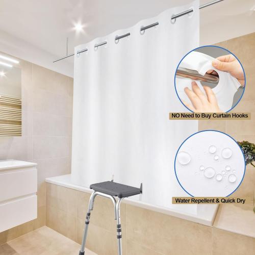 YISURE Split Shower Curtain for Transfer Bench, No Hooks Needed Fabric Shower Curtain with Two 11x11.8-Separated-Away Slits at Bottom, Water Resistant White 80x74 inches