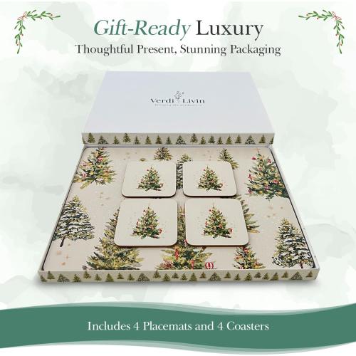 Cork Placemats Set of 4 with Matching Coasters, Heat Resistant, Rectangular 16.15 x 12.2 Inches, Non-Slip, for Dining Table, Christmas (Xmas Trees, Set of 4)
