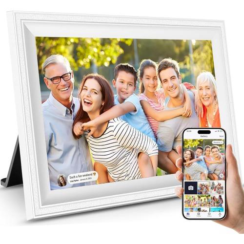 Smart White Digital Picture Frame WiFi Send Photos from Your Phone 16GB Storage 10.1inch 1280x800 IPS Touch Screen Digital Photo Frame Auto-Rotate Wall Mountable Photo Picture Frame Digital