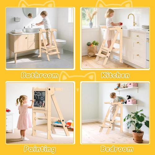 Foldable Toddler Tower, Wooden Toddler Kitchen Stool with 3 Adjustable Heights and Removable White/Blackboard, Montessori Foldable Learning Tower Kitchen Stool, Natural Wood