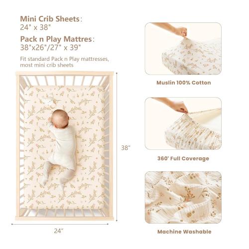 Mini Crib Sheets, 100% Soft Cotton Pack and Play Sheets for Pack N Play Mattress, Playard Baby Crib Sheets for Baby Girls (Floral, Pink)