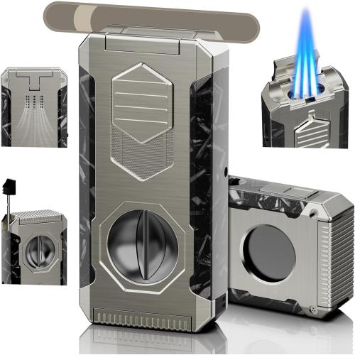 5-in-1 Butane Torch Lighter with Triple Jet Flame, Built-in V & Straight Shear, Holder, Draw Enhancer Tool, Refillable Windproof Cool Lighter for Candle, Camping, Travel, Outdoor, Gift Box for Men