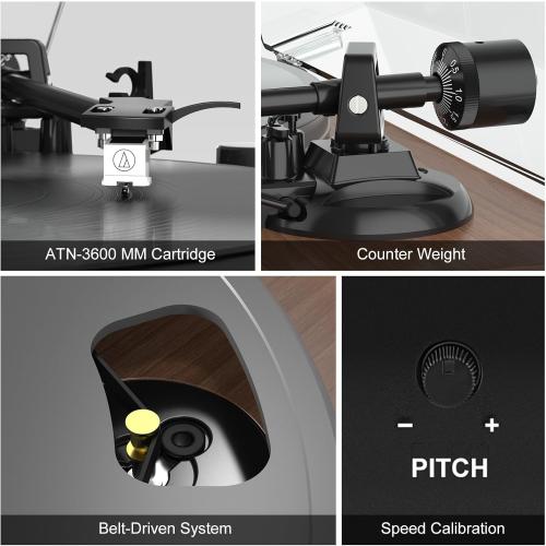 Record Player Turntable with 40W Speakers and Bluetooth Output Input for Vinyl Records,Vinyl Record Player with Built-in Preamp,AT-3600L Cartridge,USB Record,Pitch and Counterweight