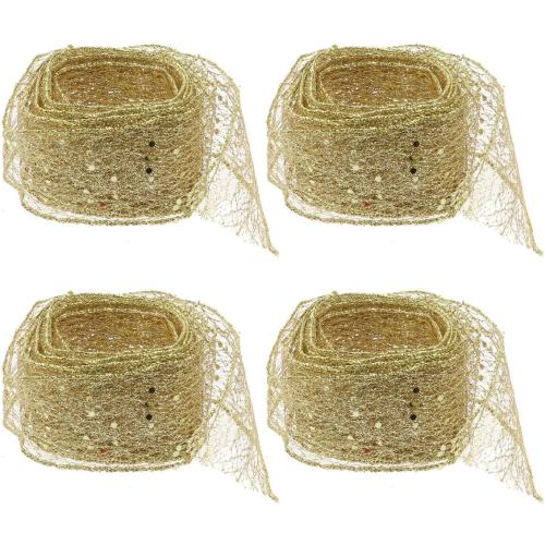 Sewroro 4pcs Christmas Ribbon, Wired Ribbon for Gift Wrapping, Holiday Decoration, Party Crafts, DIY Box Ties(Golden)