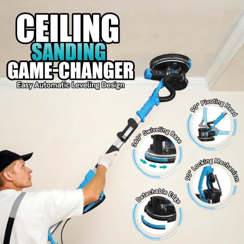 Drywall Sander with Vacuum Dust Collector, 880W Popcorn Ceiling Remover, Variable Speed 1000-2100RPM, LED Light, Foldable & Extendable Handle, 12 Sanding Discs