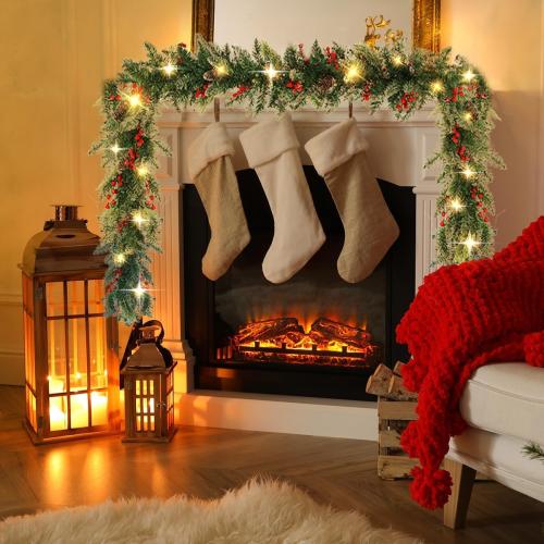 9ft Prelit Christmas Garland with Lights, Battery Operated Lighted Garland Pine Cones & Red Berries, Christmas Decoration for Mantle, Fireplace Indoor & Outdoor （Pine）