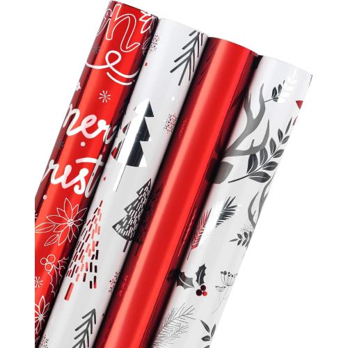 WRAPAHOLIC Christmas Wrapping Paper Roll - Red and White Holiday Design with Metallic Foil Shine - 4 Rolls - 30 Inch X 120 Inch Per Roll