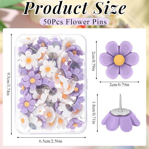 50 Pcs Flower Push Pins Cute Push Pins for Cork Board Decorative Floret Wall Thumb Tacks for Bulletin Board Office Hanging Photo Poster Wall (Purple,White)
