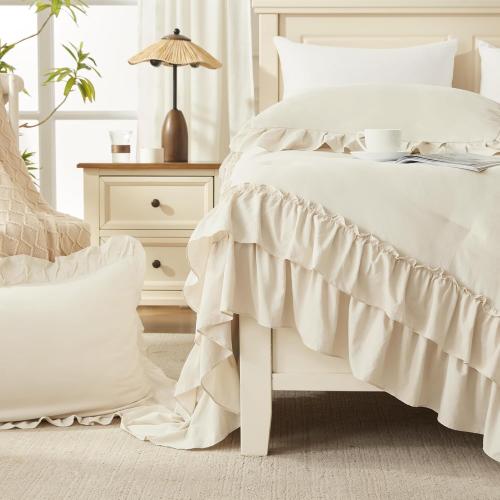 Andency Beige Full Size Comforter Set, 3 Pieces Farmhouse Shabby Chic Ruffle Comforter, Soft Lightweight Fluffy All Season Microfiber Bedding Comforter Set for Kids, Girls, Women