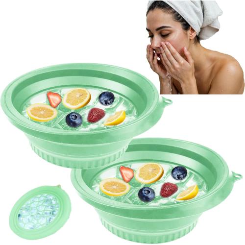 2PCS Face Ice Bath Bowl Foldable Basin with Built-in Ice Tray Collapsible Silicone Bowl for Dipping Face Bath Portable Spa Tool for Home & Travel Reducing Puffiness (Green)