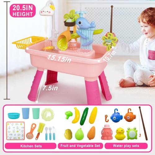 Color Pink Toddler Water Table with Automatic Water Cycle System, Water Table for Kids 4-8 Fishing Kitchen, Play Sink with Running Role-Play Sand for Kids Gift Toy (Pink)