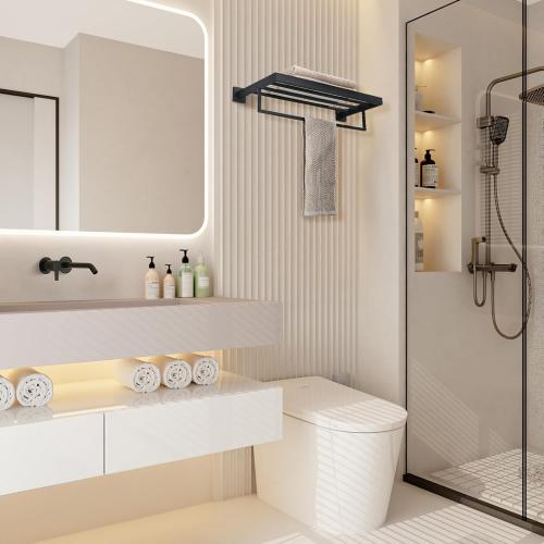 Black Towel Rack 24'' Bath Towel Shelf with Towel Bars SUS304 Matte Black Stainless Steel Wall Mounted，Modern Bathroom Storage Shelf