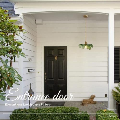 Green Glass Pendant Light Kitchen Flower Ceiling Light Fixture with Leaves Glass Shade, Mid Century Gold Hanging Light for Living Room Bedroom Dining Room, Set of 2