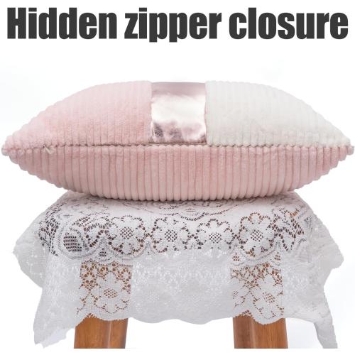 Pink and Cream White Boho Striped Corduroy Throw Pillow Covers with Gold Leather Patchwork 20x20 Inch, Pack of 2, Double-Sided, Soft Home Decorative Pillows for Couch and Living Room