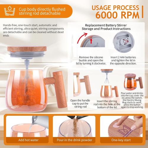 Self Stirring Coffee Mug, 400ml 6000 RPM Electric Mixer Cup, Heat-Protection Glass Coffee Blender with Lid, 48 dB , for Home/Office, Creative Gift (Champagne gold glass  light wood grain handle)