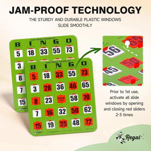 Regal Bingo - Shutter Slide Bingo Cards Only - 8” x 9” - 5-Ply Green Cardstock - Easy to Read - No Duplicates - Red Sliding Windows - Perfect for Large Groups, Bulk Purchasing
