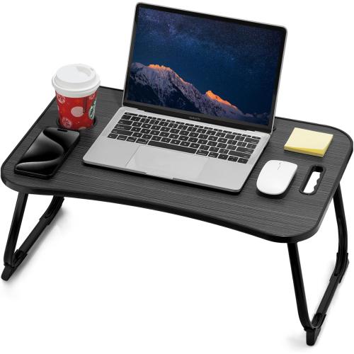 Black Laptop Bed Desk, Foldable Lap Table, Portable Study Table, Laptop Stand with Cup Holder & Tablet Slot & Lifting Handle for Working Writing Drawing & Eating - Black