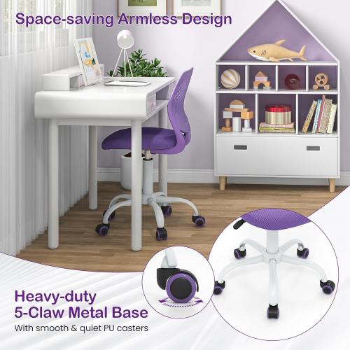 Kids Desk Chair, Adjustable Children Study Chair, Swivel Armless Mesh Task Office Chair, Computer Desk Chair with Adjustable Height & Lumbar Support (Purple)