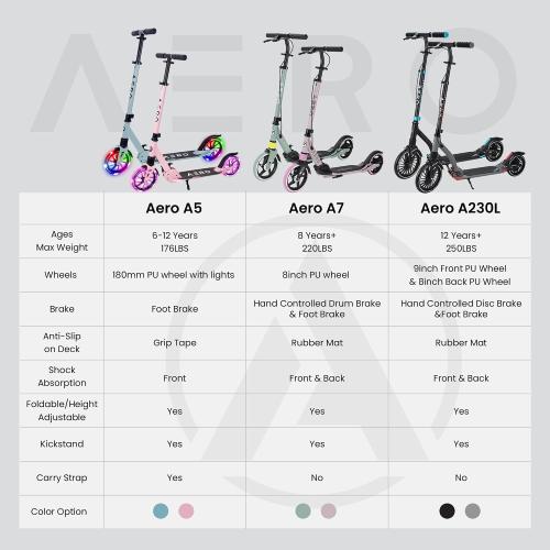 AERO MOBILITY Big Wheel Kick Scooter for Kids 6-12, Teens & Adults | Light Up Wheels | Hand Controlled Brake | Shock Absorption | Rubber Deck Mat | Foldable & Height Adjustable