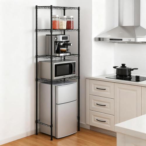 4 Tier Mini Fridge Shelf with Storage Over Mini Fridge Storage and Microwave Stand Height Adjustable Metal Storage Rack for Dorm Kitchen Office (Black