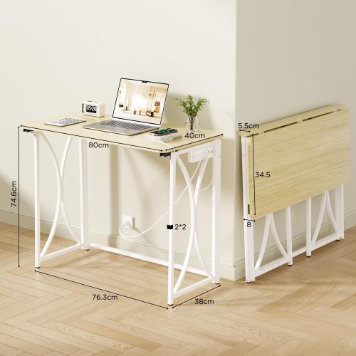 Folding Table, 31.5 Small Desk for Bedroom with Power Outlet, Space Saving Foldable Computer Desk for Home Office, Easy Assembly, Beige