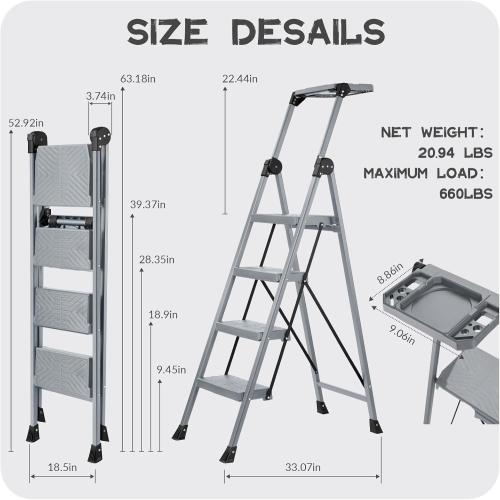 XinSunho 4 Step Ladder, Foldable Step Stool Ladder with Handrails & Tray, 660 lbs Heavy Duty Wide Pedals, Sturdy Steel Folding Ladder for Kitchen, Home, and Household Use