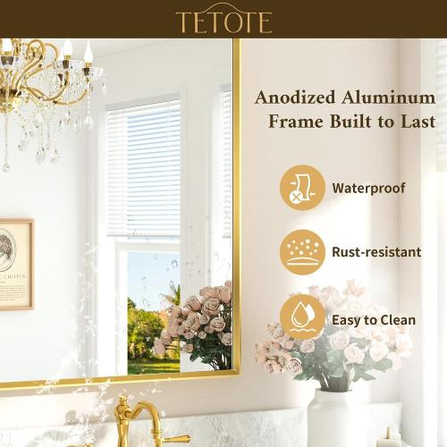 TETOTE Brushed Gold Mirror for Bathroom Sink 24 x 36 Beveled Frame Brushed Gold Brass Vanity Rectangle Mirror for Bathroom Wall, Modern Farmhouse, Tempered Glass, Stronger Frame