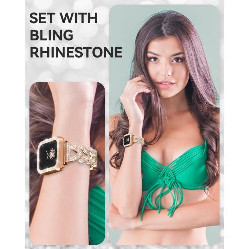 Rhinestones Encrusted Metal Bracelet and Case, Compatible with Apple Watch Bands 38mm-49mm (Series 10/1/SE/Ultra 2)- Bling Gold Women's Jewelry Strap, Luxury iWatch Bracelet with Screen Protector
