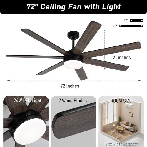 72 Inch Ceiling Fans with Lights and Remote,Large Ceiling Fan with 7 Blades,Reversible, Dimmable,Indoor and Outdoor Ceiling Fan with 12 and 18 Downrods for Bedroom, Living Room, Patio