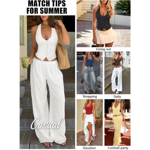 Size large Womens Button Down Tank Top for Women Ribbed Button Up Halter Fitted Vest Summer Sexy Trendy Cute Crop Going Out Tops