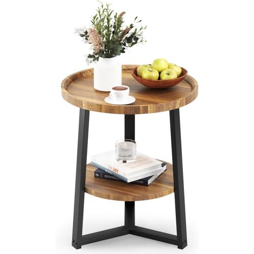 BLACK AND WOODEN COLORED PPAMAPIC Round End Table, 2 Tier Side Table with Storage Shelf, Nightstand Accent Table for Living Room Bedroom Small Space, Black Metal Frame, 19.7 D x 23.6 H, Rustic Brown