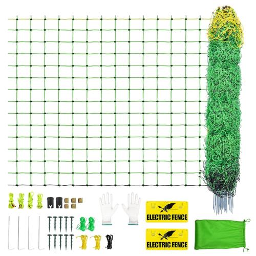 Size Large Color Green and yellow Electric Fence Netting, Electric Livestock Netting with 14 Double Barbed Poles, Suitable for Pigs, Cows, Sheep and Other Large Animals, Portable Electric Fence for Farms, Ranches