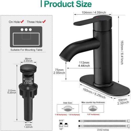 VOTON Matte Black Bathroom Sink Faucet, Single Handle Stainless Steel for 1 or 3 Hole Faucet for Bathroom Sink with Deck, Pop-up Drain and Supply Hoses