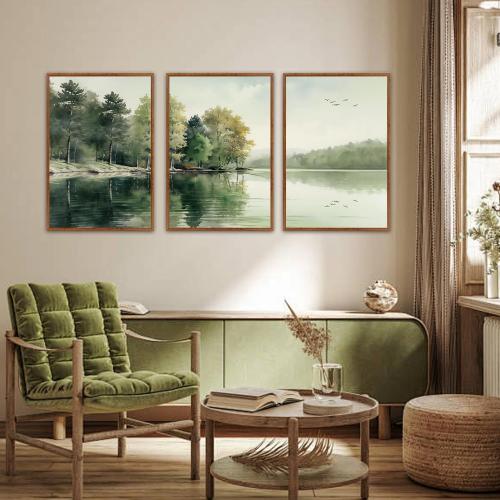 KAIRNE Framed Nature Canvas Wall Art Set,Misty Forest Wall Decor,Green Mountain Forest Pictures,Lake Water Painting set of 3(24”x36”),Landscape Scene Print for Living Room, Bedroom,Gallery Decor