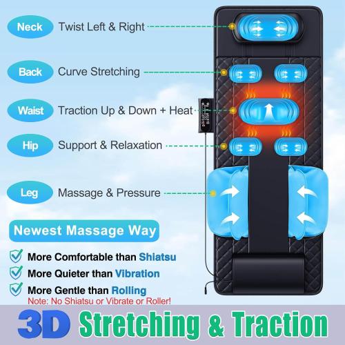 Full Body Massage Mat with Heat, 3D Stretching Back Massager Pad for Bed Sofa Floor, Lumbar & Neck Support, 4 Modes 3 Intensities 3 Heat Levels, Portable & Foldable, PU Leather, Gift for Dad/Mom